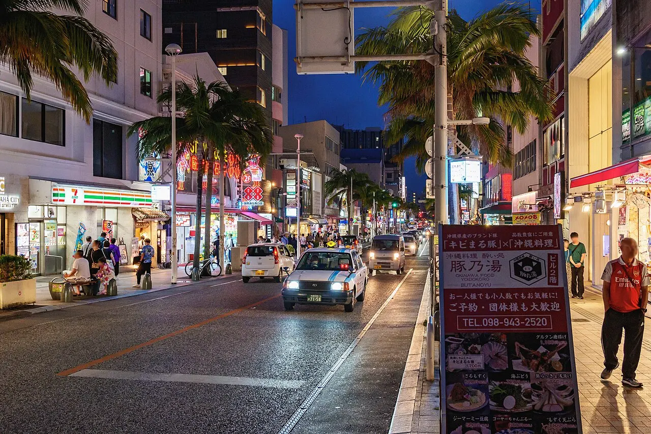 Kokusai Street in Naha, Okinawa at night, photographed in 2025
